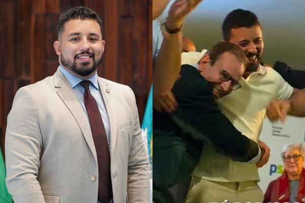 Deputado pelo PSOL, Yuri Moura sobe em palco do PSD e abraça Eduardo Paes e Pedro Paulo