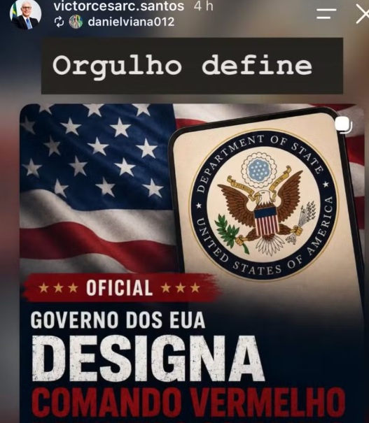 Secretário estadual de Segurança posta foto com bandeira dos EUA e se diz ‘orgulhoso’ da decisão que classifica o CV como organização terrorista